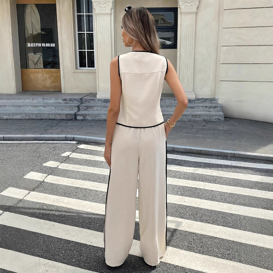 Dame Elegant Linned Kombination med tætsiddende Bluse og vide Bukser Stilla
