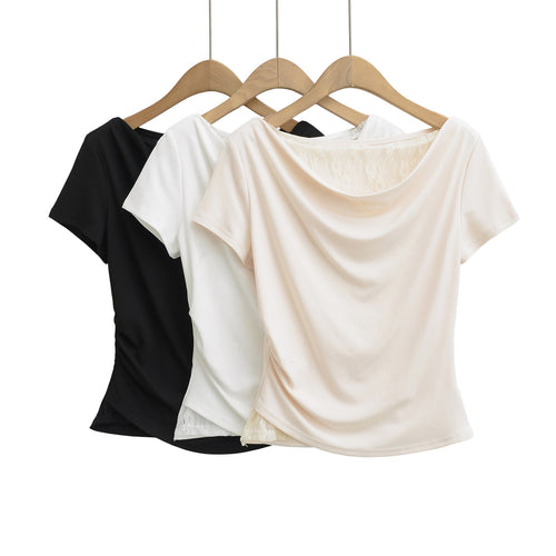 Dame Stretch-top med flydende drapering og elegant spidsindsats Stilla