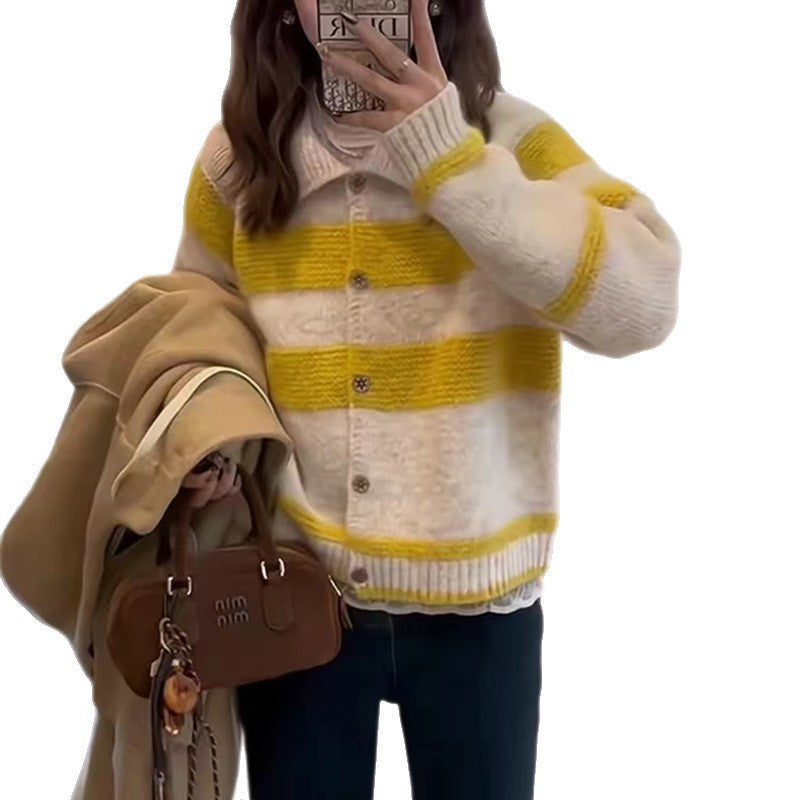 Dame cardigan med brede striber og feminin krave Stilla