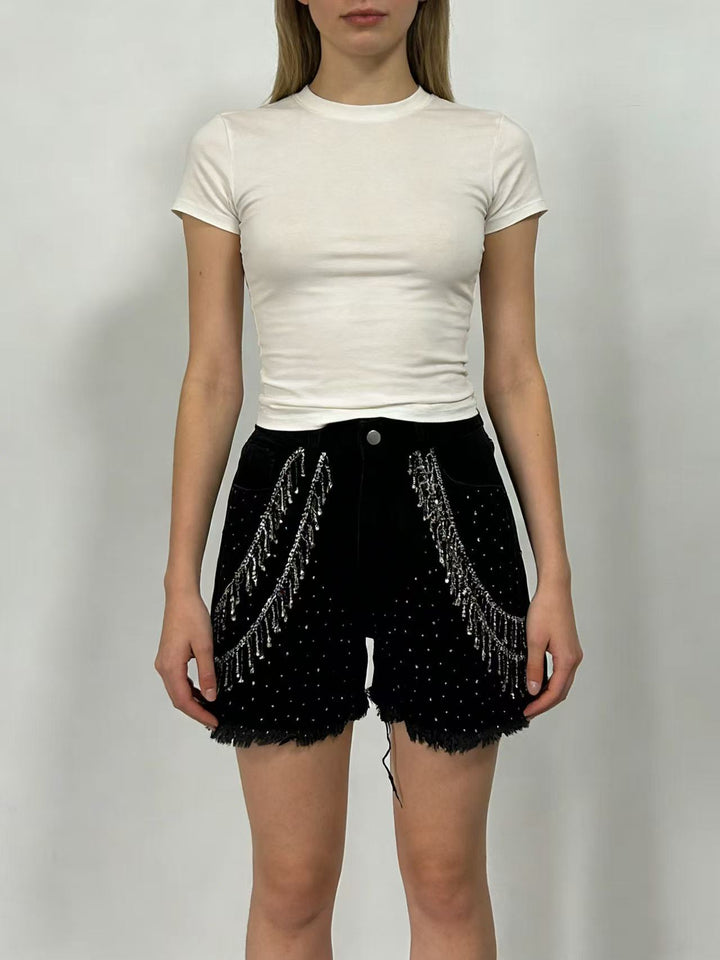 Dame Designer Denim-shorts med trendy kædeudsmykninger Skovae