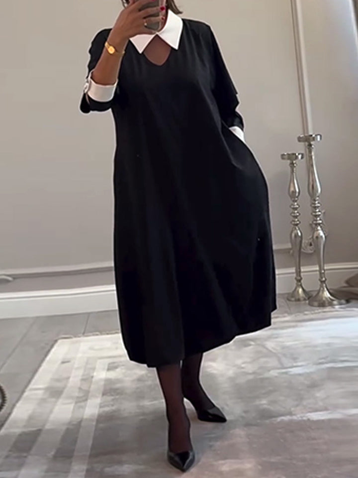 Dame afslappet skjortekjole med moderne V-udskæring og elegante kontrastærmer Stilla