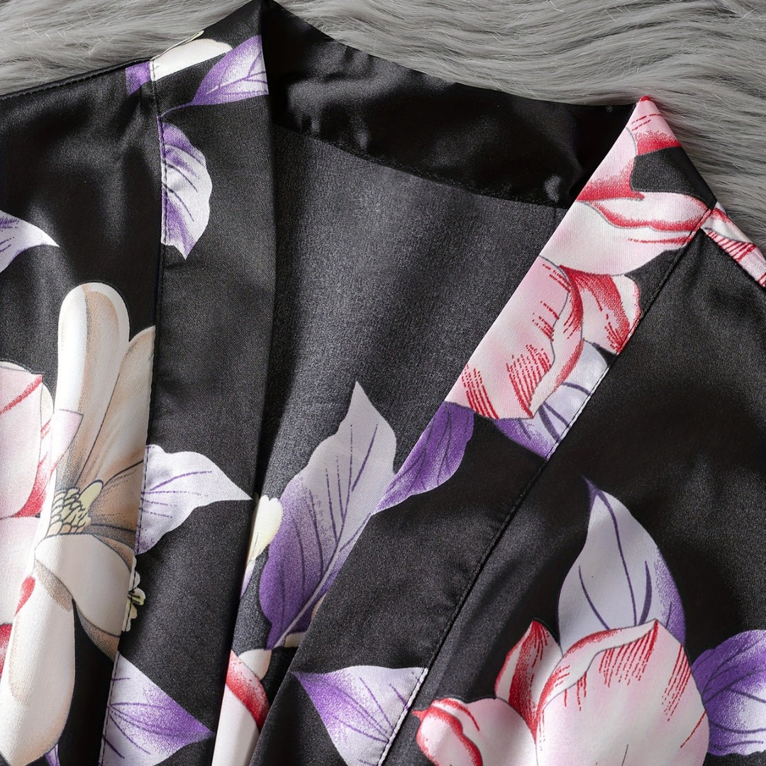 Dame Floral Satin Kimono og Shorts Sæt Stilla
