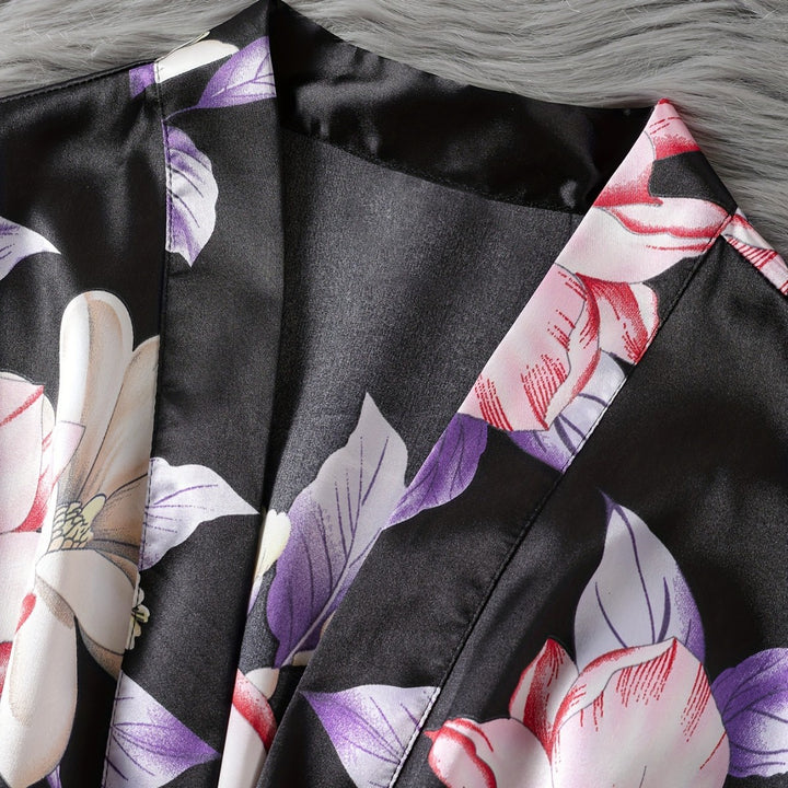 Dame Floral Satin Kimono og Shorts Sæt Stilla