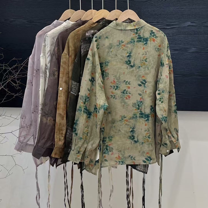 Femme Floral Print Langærmet Linnedskjorte Stilla