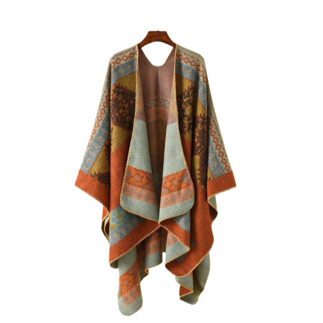 Dame Mode Poncho med Kunstnerisk Mønster og Frynset Kanter Skovae