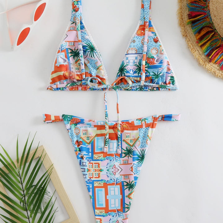 Damer Triangel-Bikini med kreative tropiske mønstre og justerbare stropper Stilla