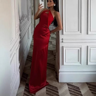 Femme Elegant Halter Neck Satin Aftenkjole Stilla