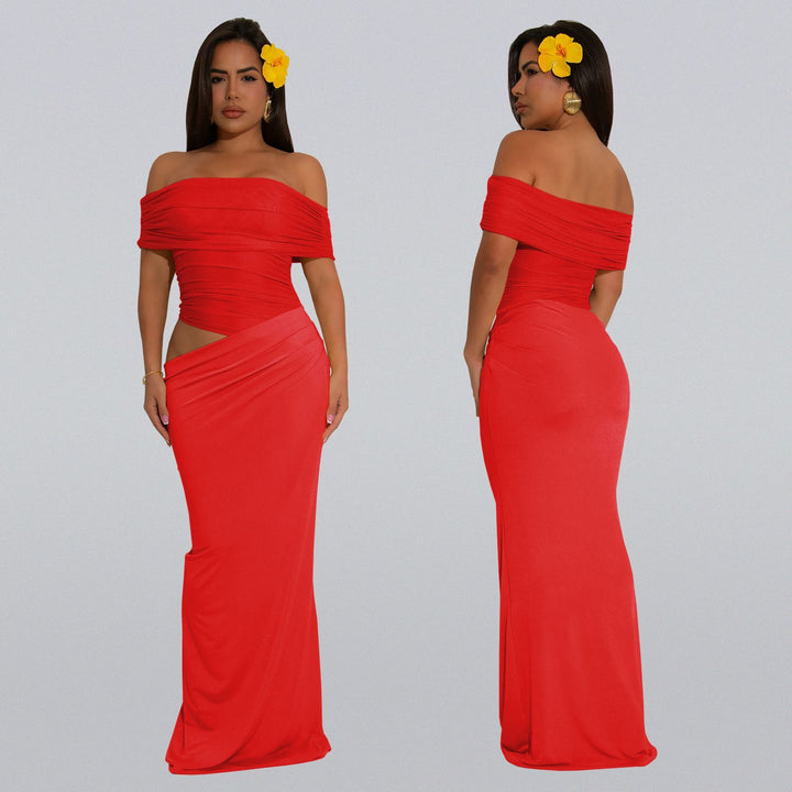 Dame Elegant Off-Shoulder-Maxi-Kjole med figursyet snit og rynk Stilla