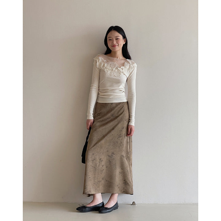 Dame elegant blouse med blomsterlignende spidskant og gennemsigtig krave Stilla