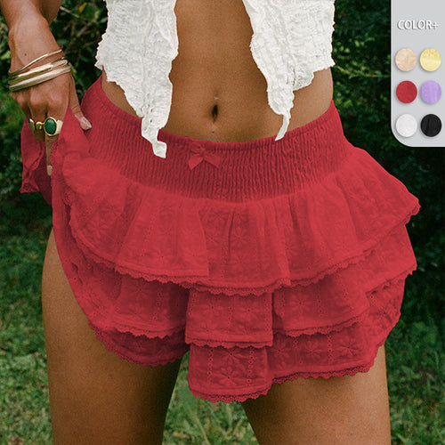 Dame volant shorts med elastisk talje og filigran blomster mønster Stilla