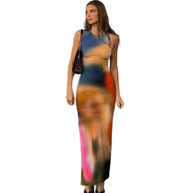 Dame Trendy abstrakt tryk Maxi kjole Stilla