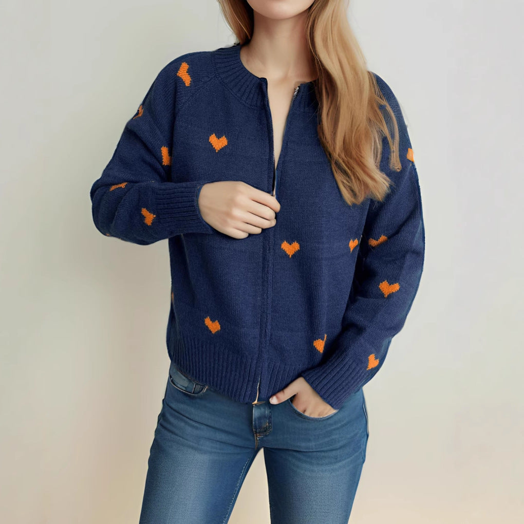 Dame modernekstrik cardigan med hjerte mønster og lynlås Stilla