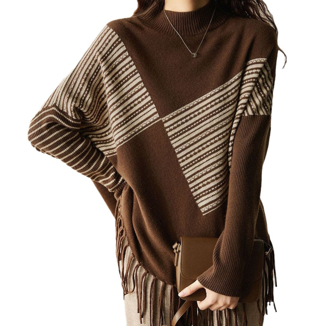 Kvinders oversized sweater med grafisk stribemønster og frynser Stilla