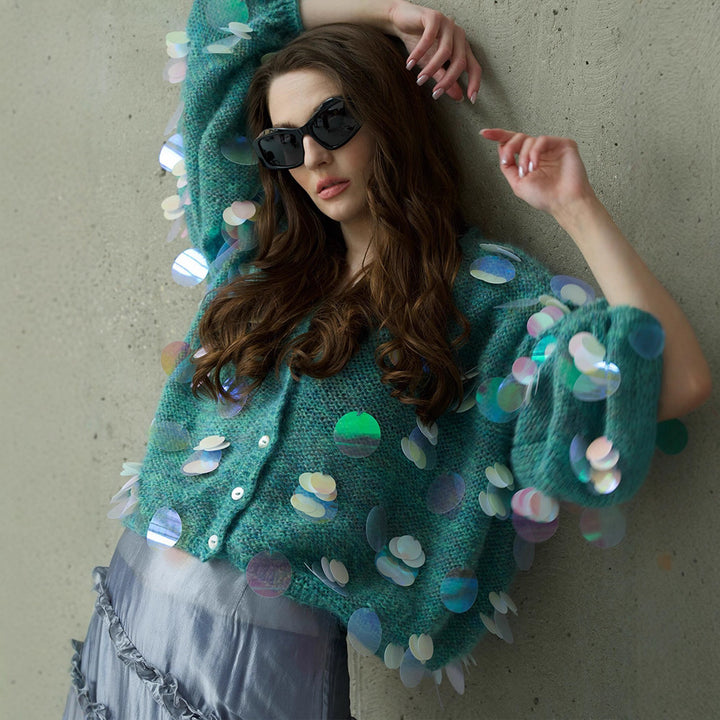 Dame Fuzzy Cardigan med holografiske accenter Stilla