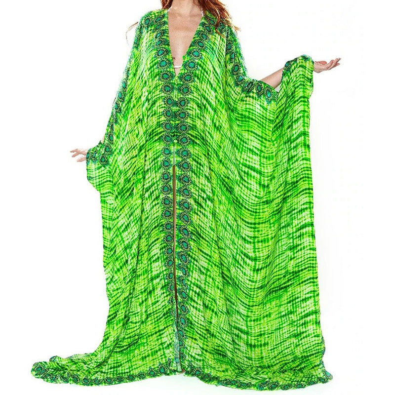 Dame luftig Maxi-Kaftan med blomsterdesign og elegant V-udskæring Stilla
