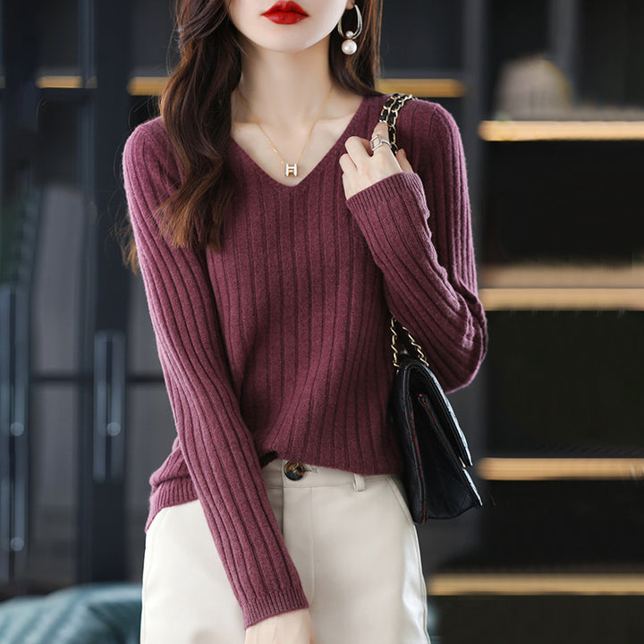 Femme Ribbet V-Udskæring Pullover Sweater Stilla