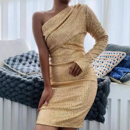 Dame funktionel mini kjole med asymmetrisk design og krystal dekoration Skovae