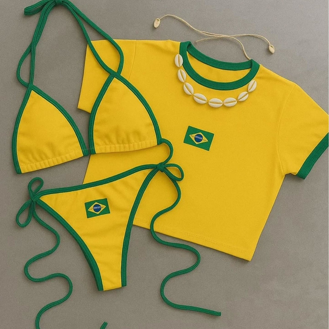 Dame bikini-sæt med sporty crop top og trendy Brasilien-flag design skovae