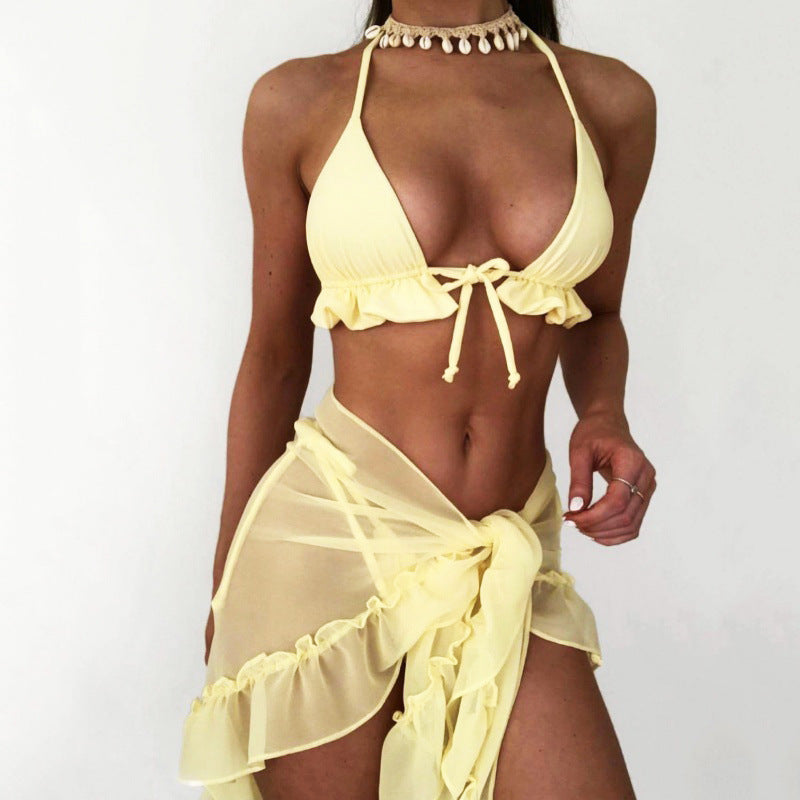 Dame Bikini-sæt med flæsedekoreret top og gennemsigtig sarong Skovae