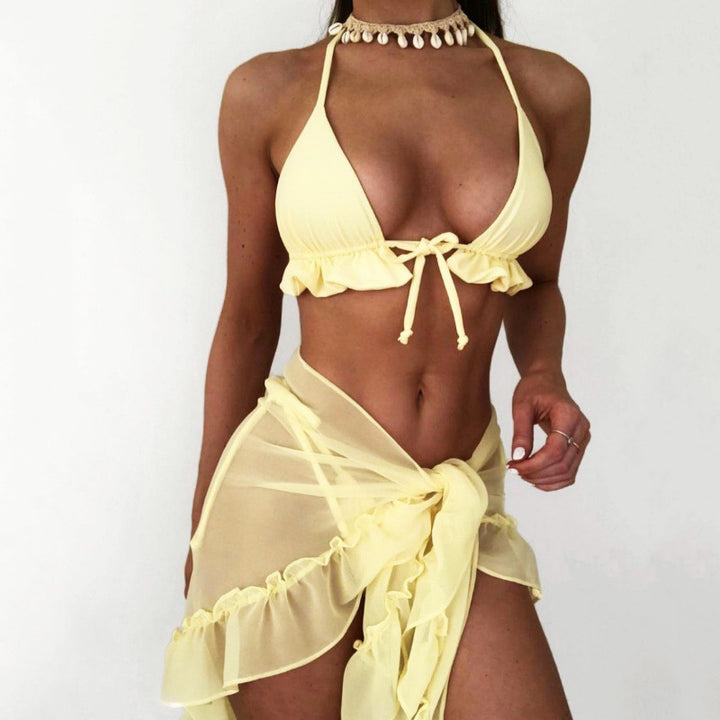 Dame Bikini-sæt med flæsedekoreret top og gennemsigtig sarong Skovae