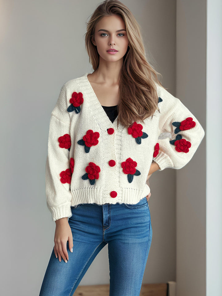 Kvinders hyggelige cardigan med blomster 3D-design og store knapper Stilla