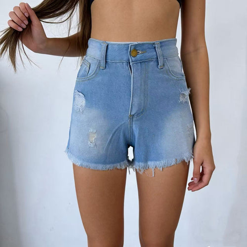 Dame Designer Denim-Shorts med frynser og rå kant Skovae