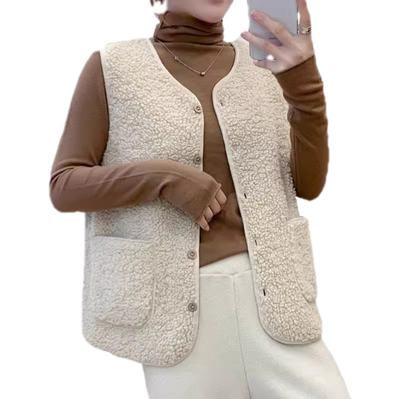 Damer teddy fleece vest med praktiske lommer og knaplukning Skovae