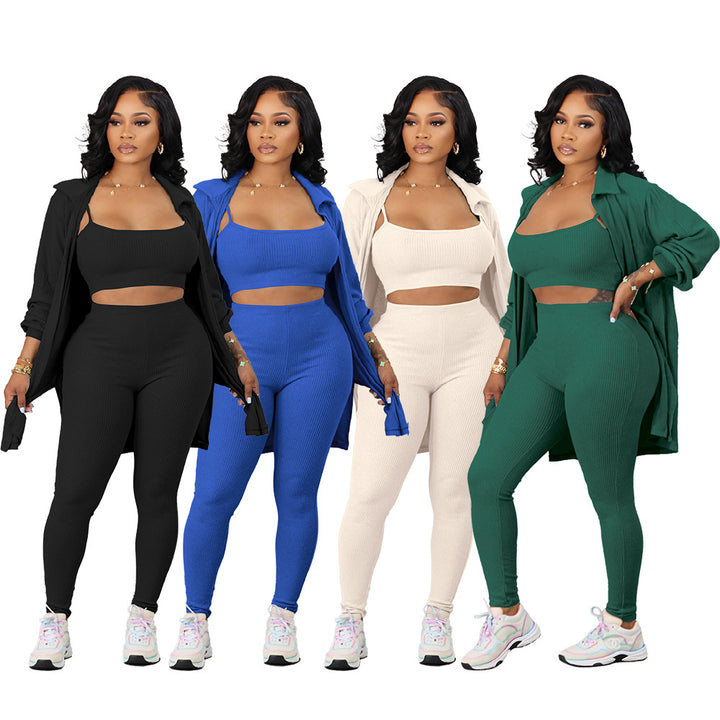 Dame Sporty 3-delt Set med cropped top, leggings og lang jakke Stilla