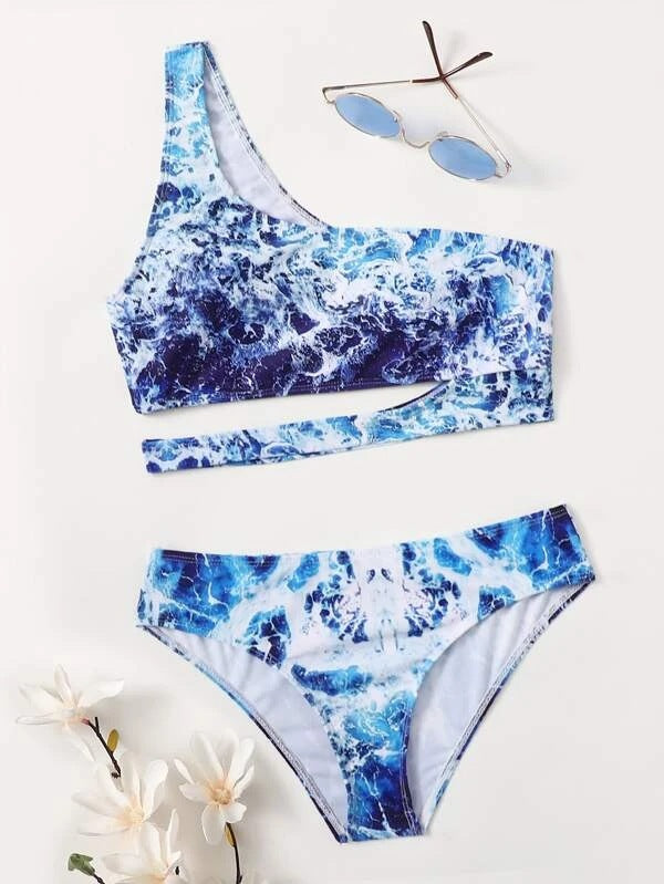 Dame Sport-Bikini med asymmetrisk skæring og moderne vandmotiv Skovae