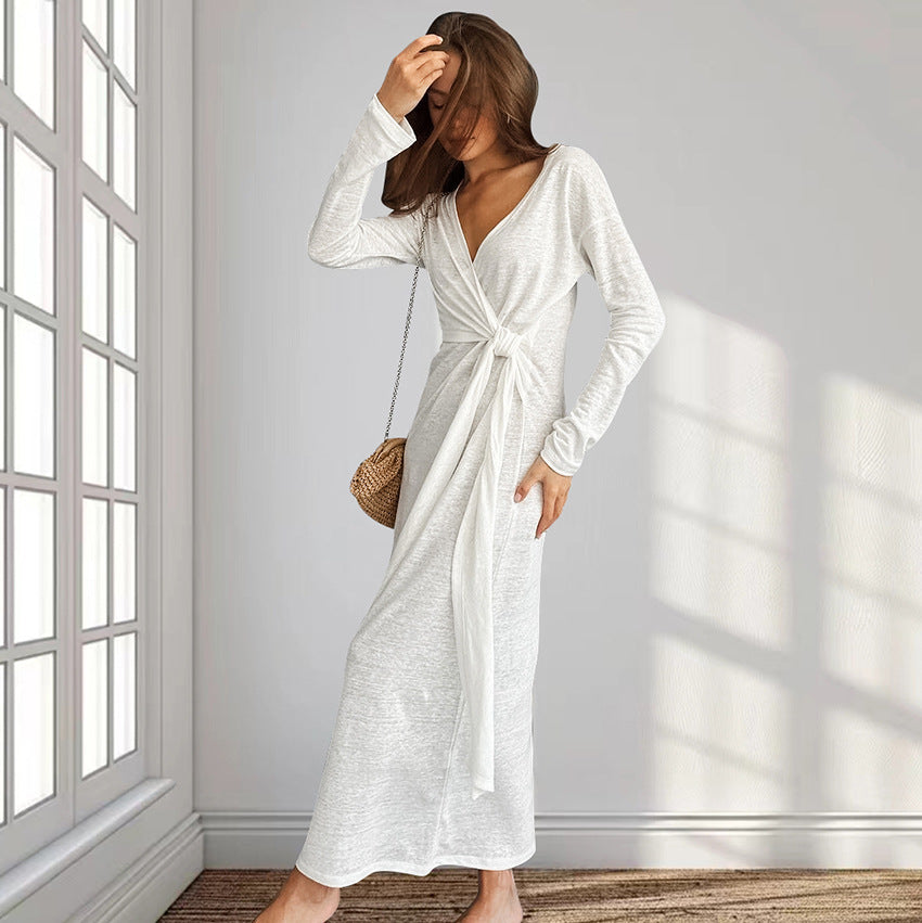 Dame Maxi-kjole med omslag-design og elegant sløjfe Stilla