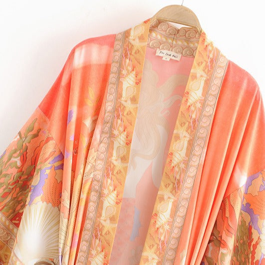 Dame Let Strandkimono med kunstnerisk mønster og brede ærmer Stilla