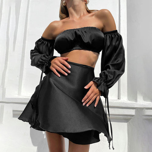 Dame Crop-Top og Mini nederdel sæt med rynkede ærmer Stilla