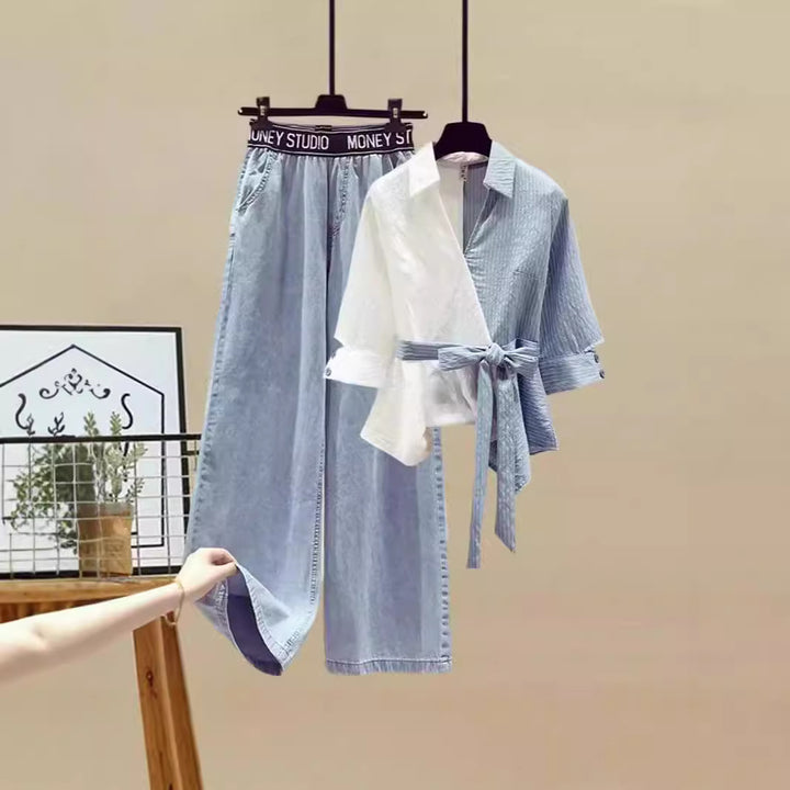 Dame To-delt Sæt med løs, stribet top og bred jeans-bukser Skovae