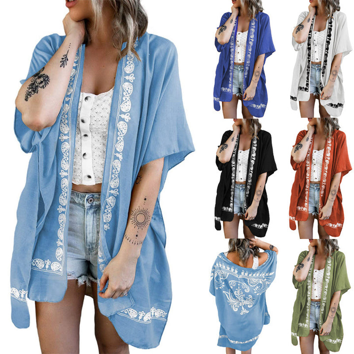 Dame Trendy Kimono-lignende Bluse med blomsteragtig blondebesætning Stilla