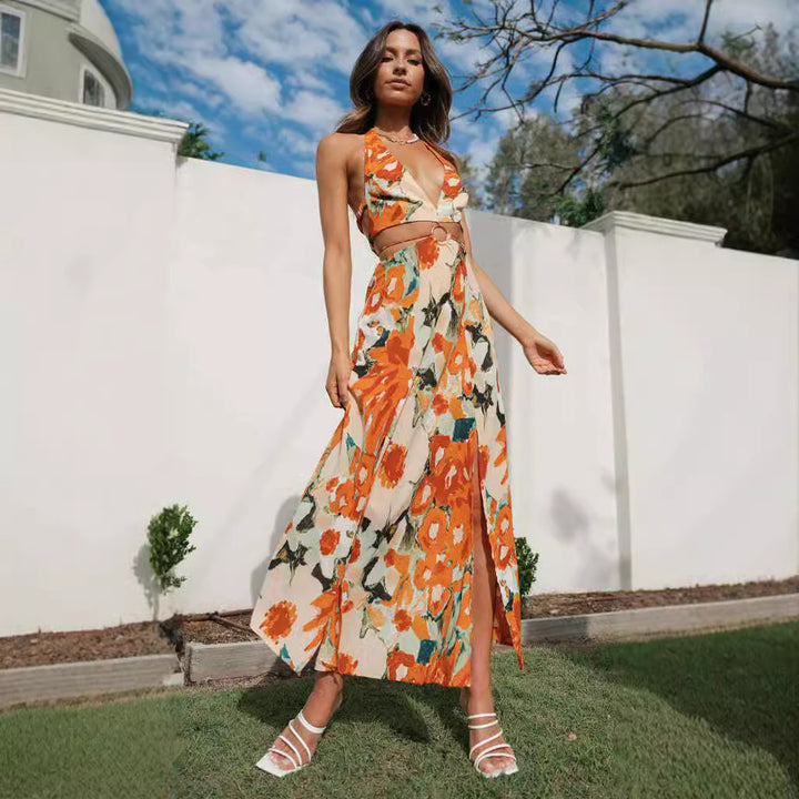 Dame maxikjole med trendy cut-out og blomster mønster Stilla