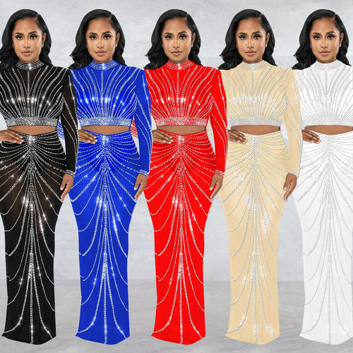 Dame Elegant Crop-Top og Maxi-Nederdel Sæt med glitrende Strass-dekorationer Stilla