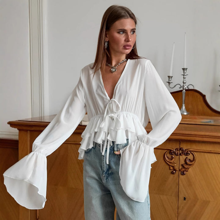 Damebluse med rynk og voluminøse ærmer Stilla