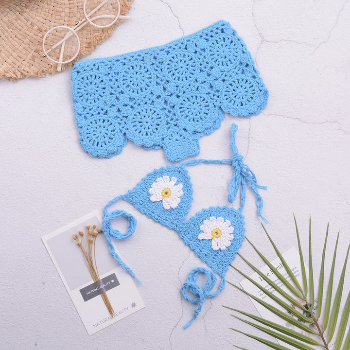 Dame hæklet bikini-sæt med florale applikationer og legende design Stilla