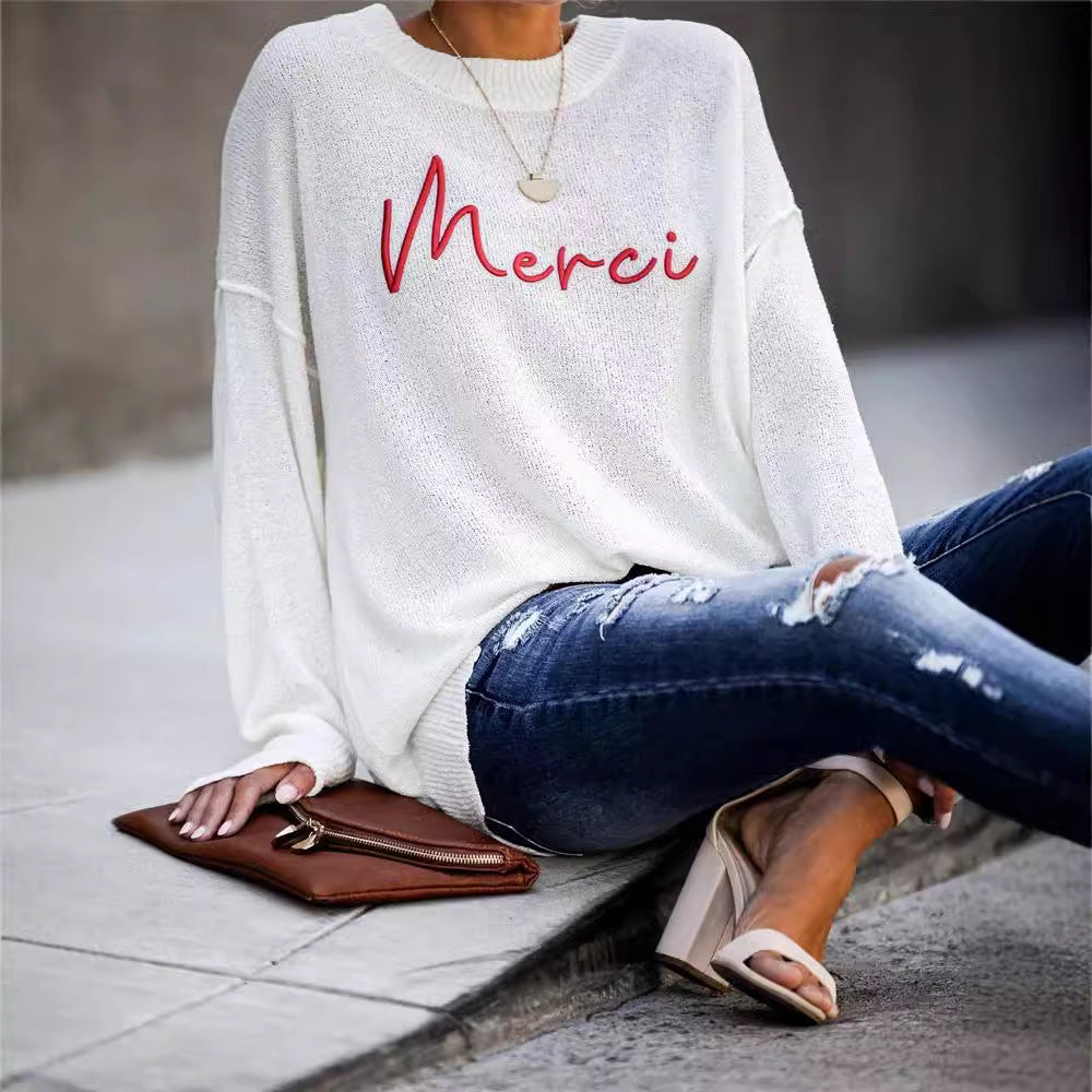 Dame grovstrikket pullover med stilfuld skrift Stilla