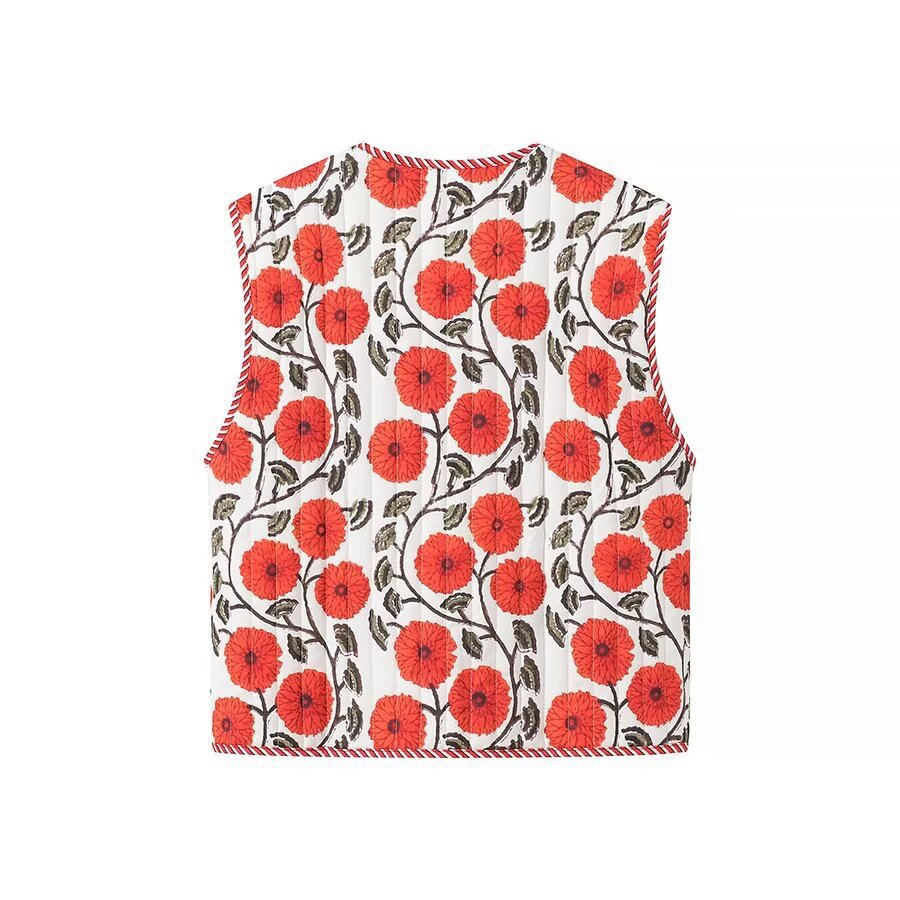 Dame Floral Broderet Vest med Binding Stilla