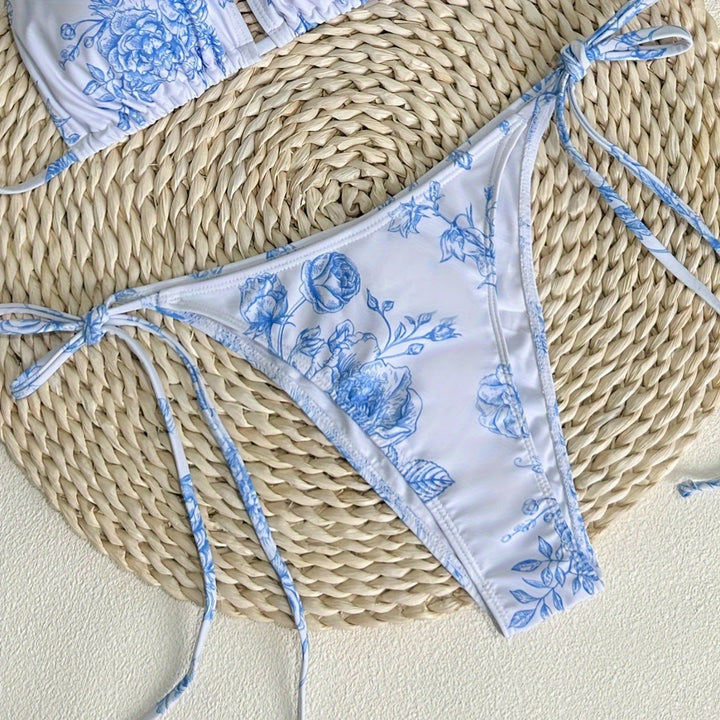 Dame Triangel-Bikini-Sæt med blomsterprint og justerbare stropper Stilla