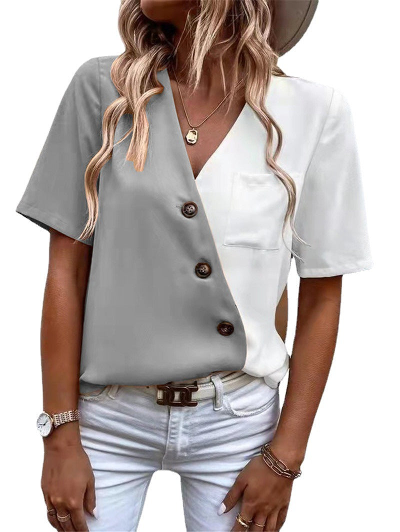 Dame asymmetrisk Button-Up top med kontraststoffer og brystlomme Stilla