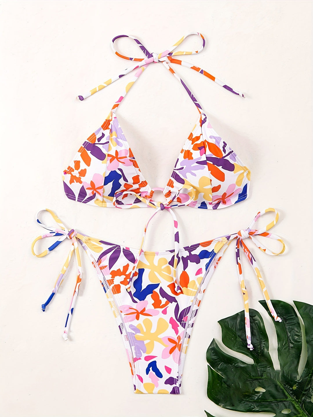 Dame Triangel-Bikini med justerbare snore og glad blomsterdesign Skovae
