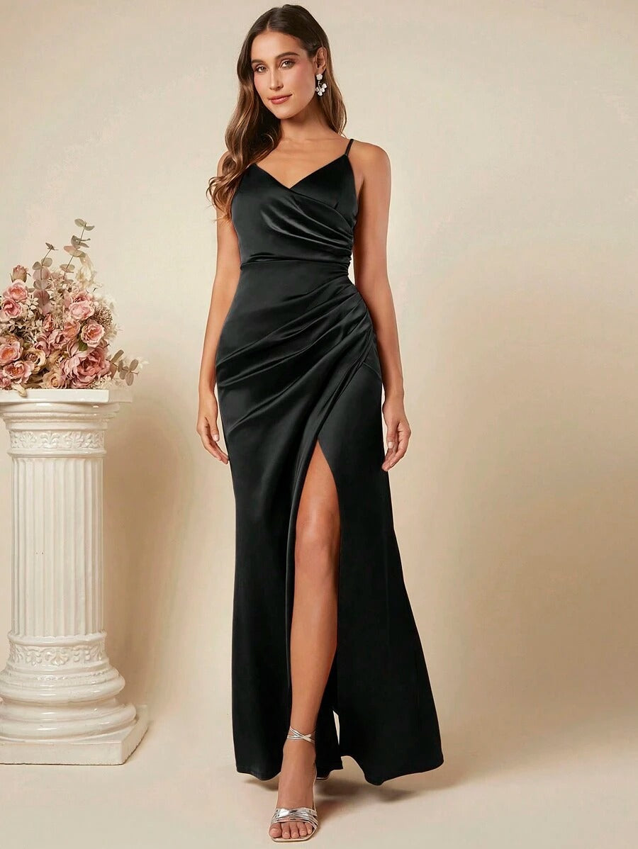 Dame Elegant Wrap Dress med høj slids og smalle stropper Skovae
