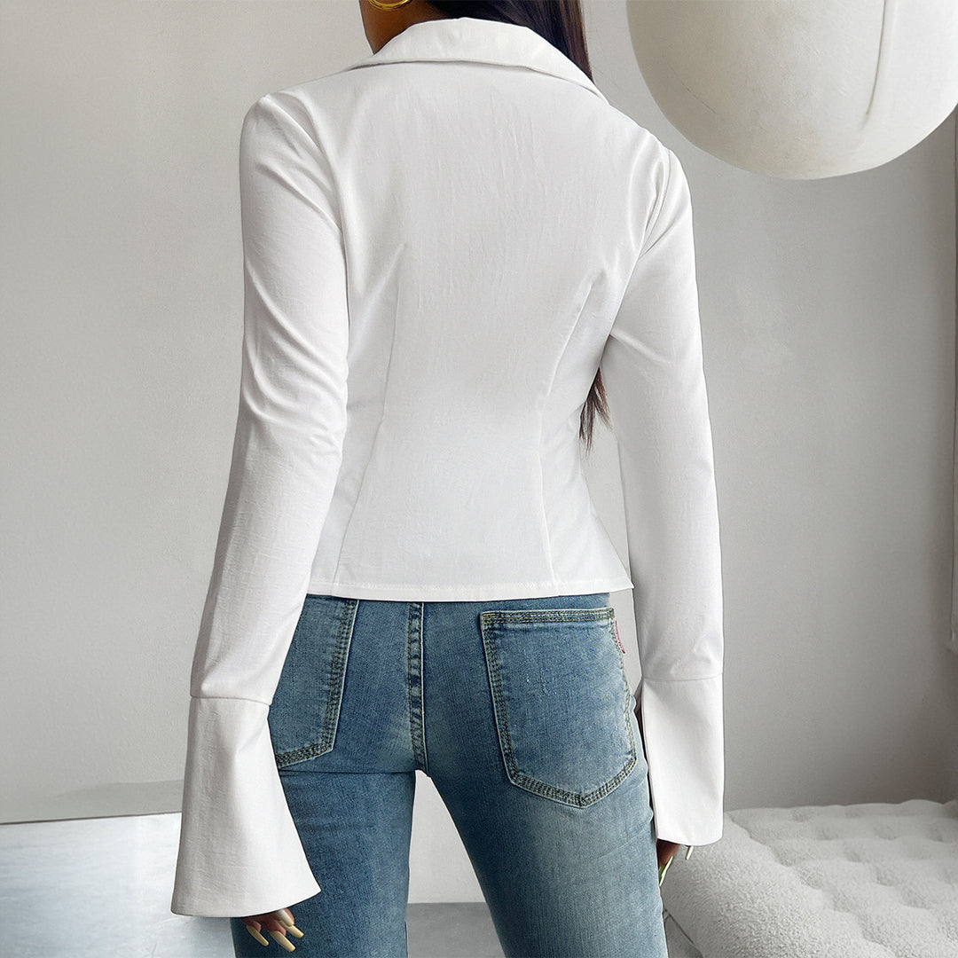 Dame trendy bluse med lagte manchetter og bindebånd Stilla