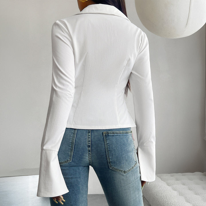 Dame trendy bluse med lagte manchetter og bindebånd Stilla