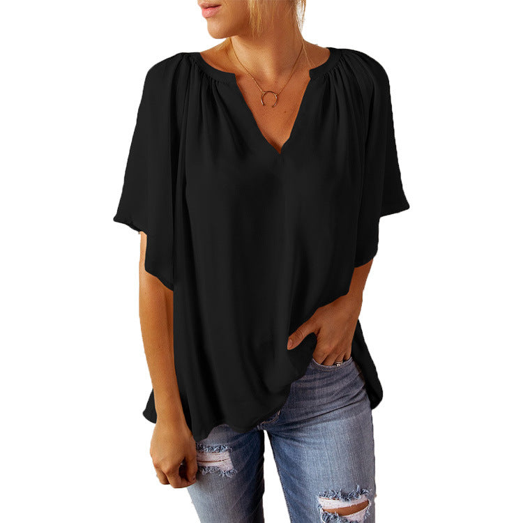 Dame elegant bluse med flydende V-udskæring og halvtransparent ærmer Stilla