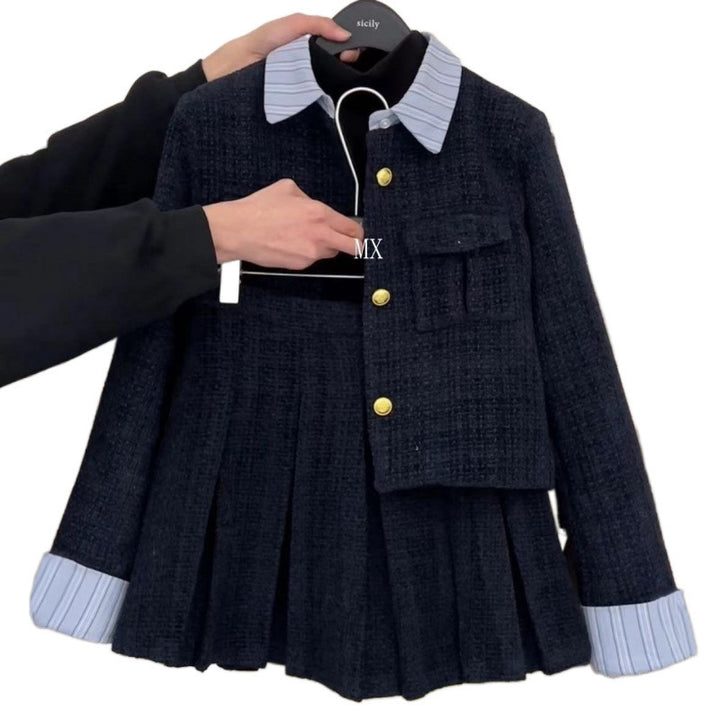 Femme Chic Tweed Blazer og Falten Mini Skørt Sæt Stilla