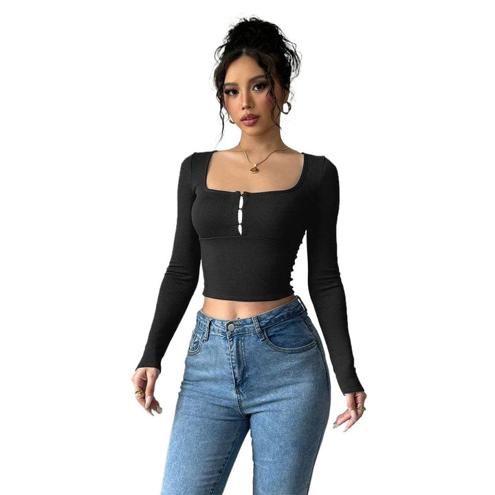 Kvinders langærmet cropped top med elegant knap-udsmykket front Stilla