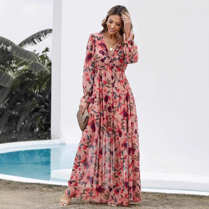 Dame Boho Maxikjole med blomsterdesign og flæsedetaljer Stilla